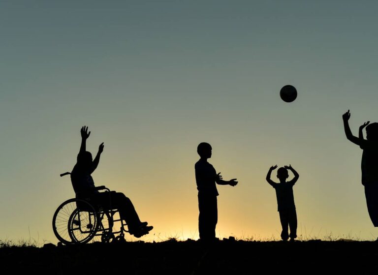 Sylwetki ludzi na tle zachodu słońca, w tym jedna na wózku. Obrazek w tekście: Inkluzja społeczna osób niepełnosprawnych - jakie są najważniejsze wyzwania i cele?